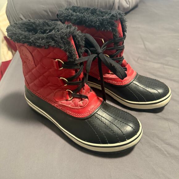 Sorel Tivoli Red Wmns Sz 8 Diamond Quilted Faux Fur Lined Snow Boots Waterproof - Picture 2 of 8